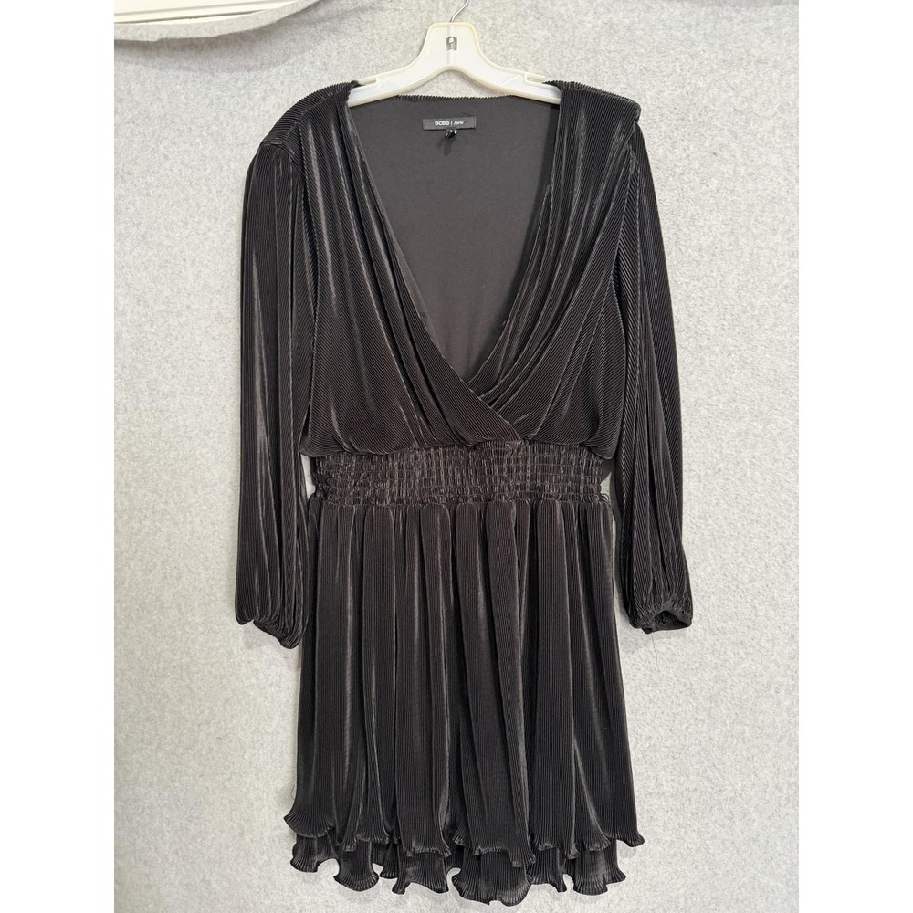 BCBG Dress Womens XL Black Pleated Wrap Mini Smocked Waist Long Sleeve Satin